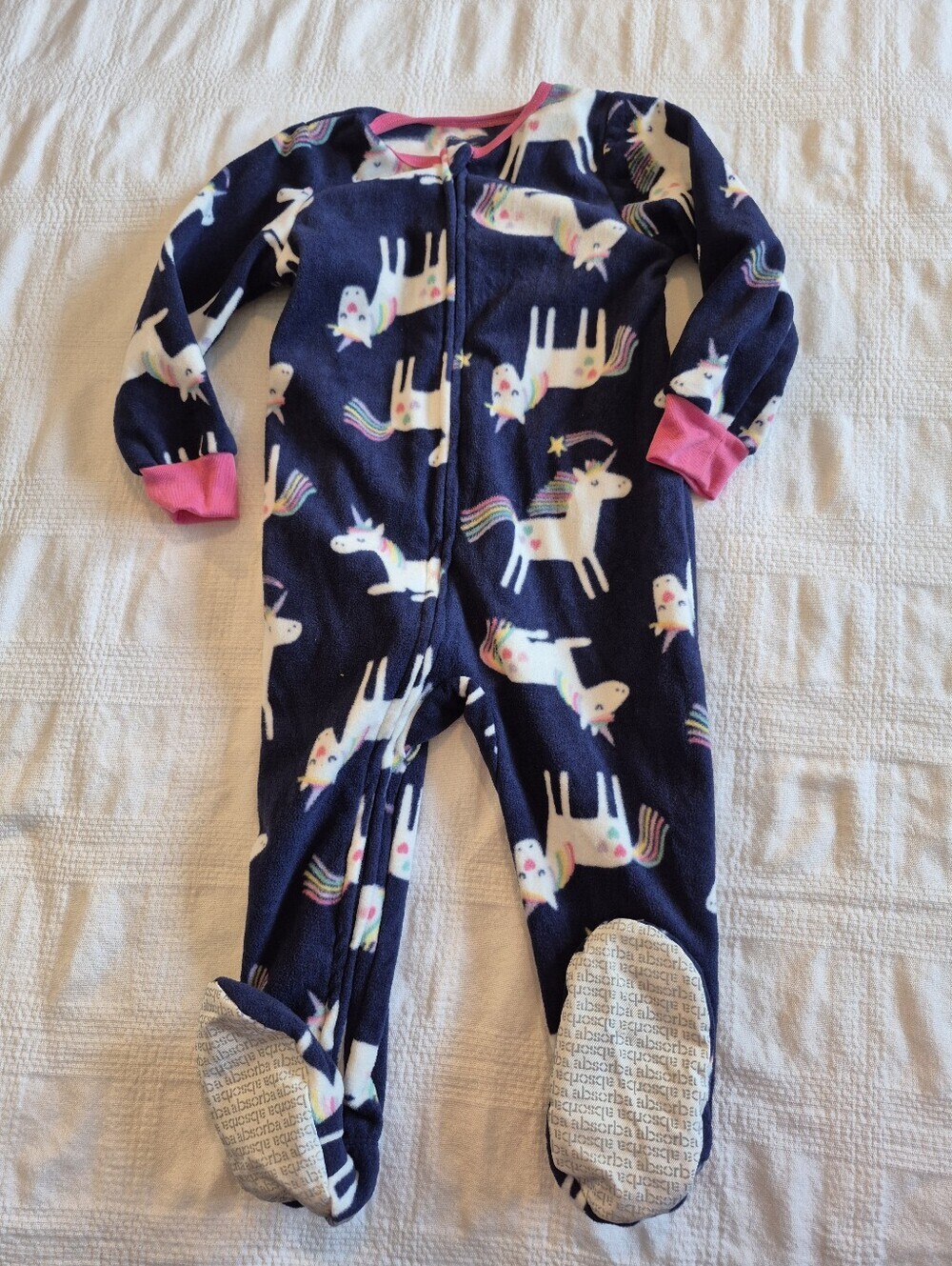 Absorba girls 2T fleece footie zipper pajama blue with white unicorns EUC